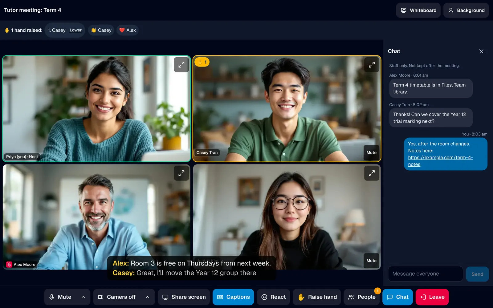 A staff meeting in XMeet: four people in a grid, live captions along the bottom and the chat open beside them.