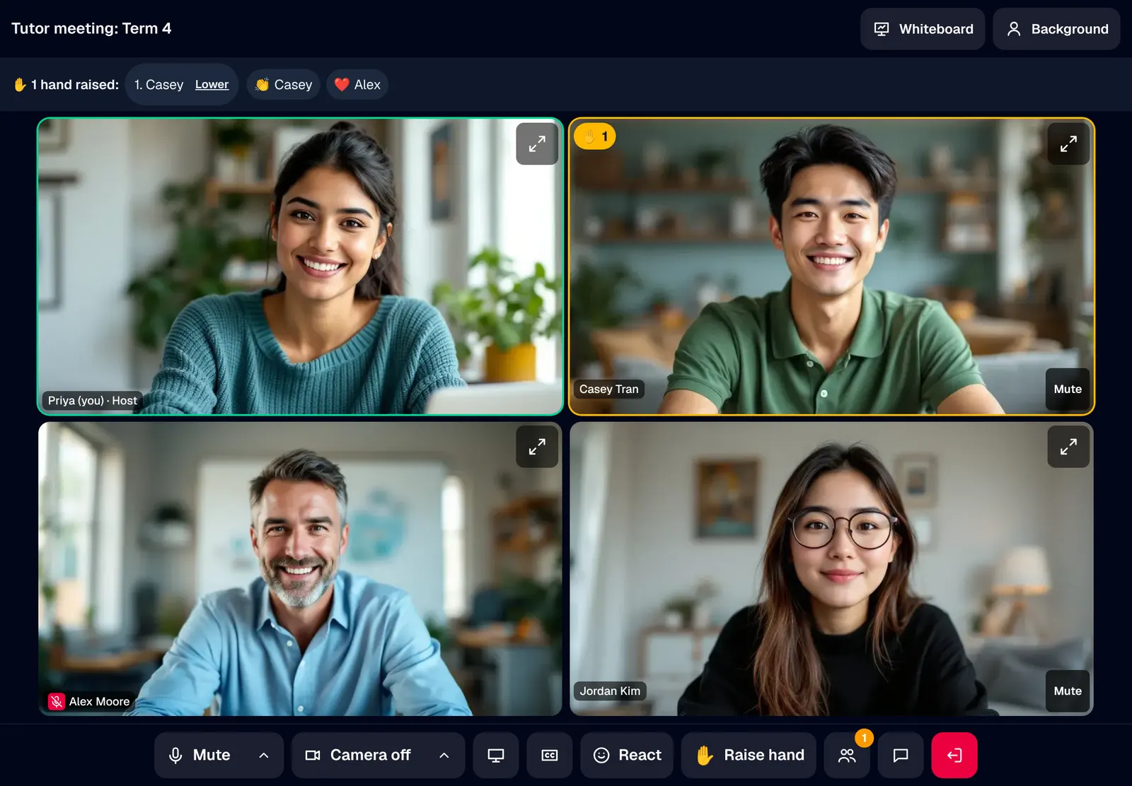 A staff meeting on an iPad: four people in a two by two grid, a raised hand and reactions along the top, and the control bar along the bottom.