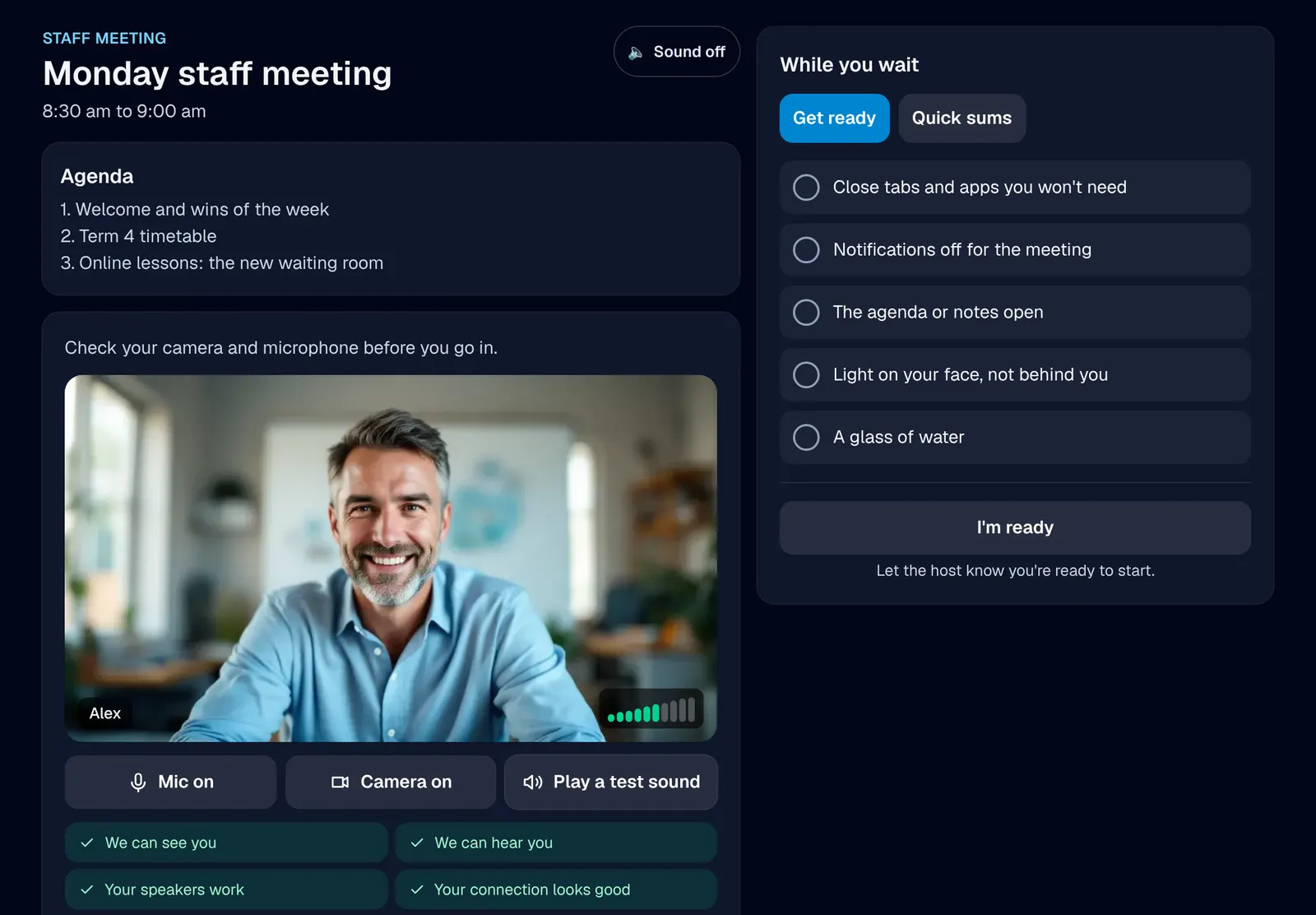The meeting lobby on an iPad: a staff member's own camera, the microphone meter, four green ticks, and a Get ready list beside it.