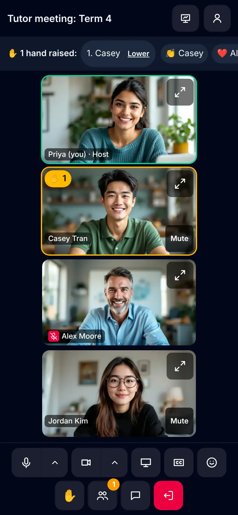 The same meeting on a phone, with the faces stacked and the controls in one row.