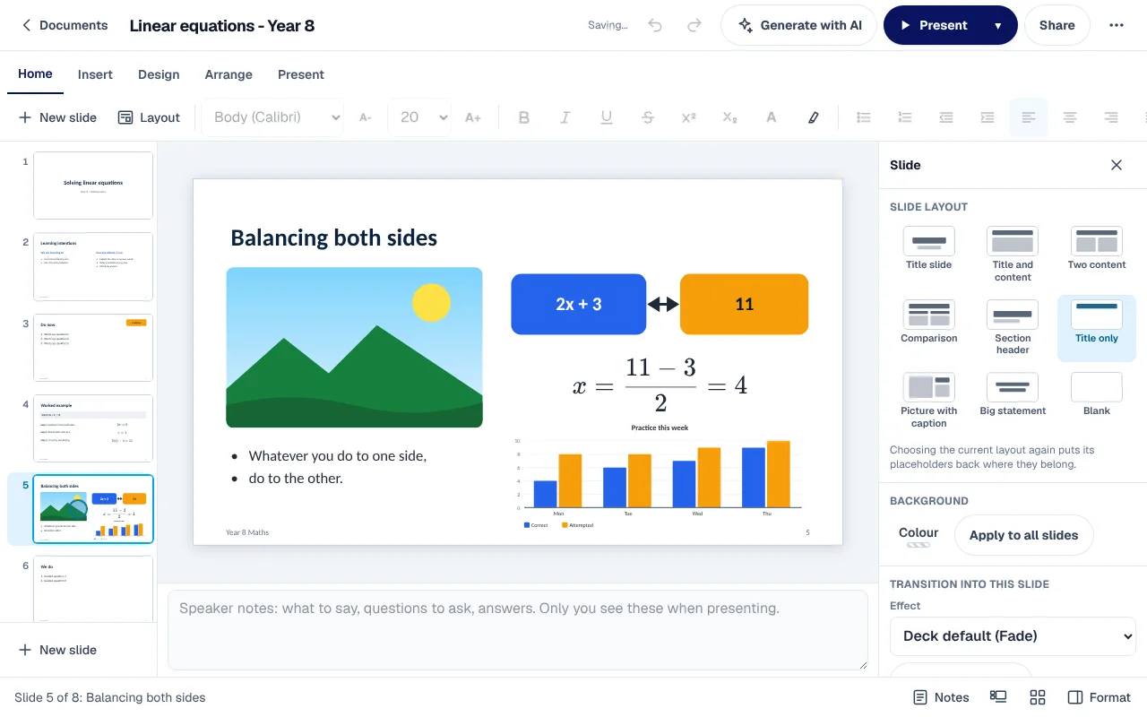 A lesson deck on balancing equations in XDeck: the slides down the side, a slide with a picture, an equation and a chart, and the layouts.