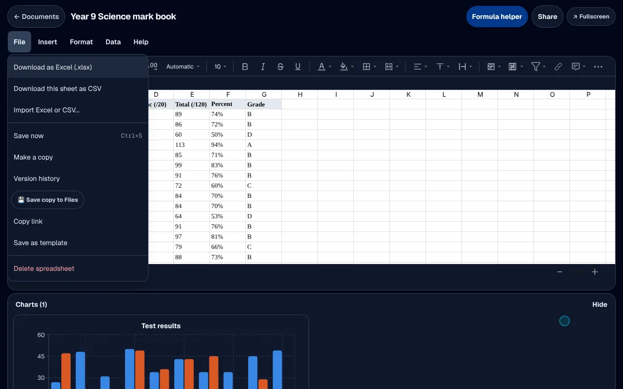 The File menu over a mark book: download as Excel or CSV, or import an Excel or CSV file.