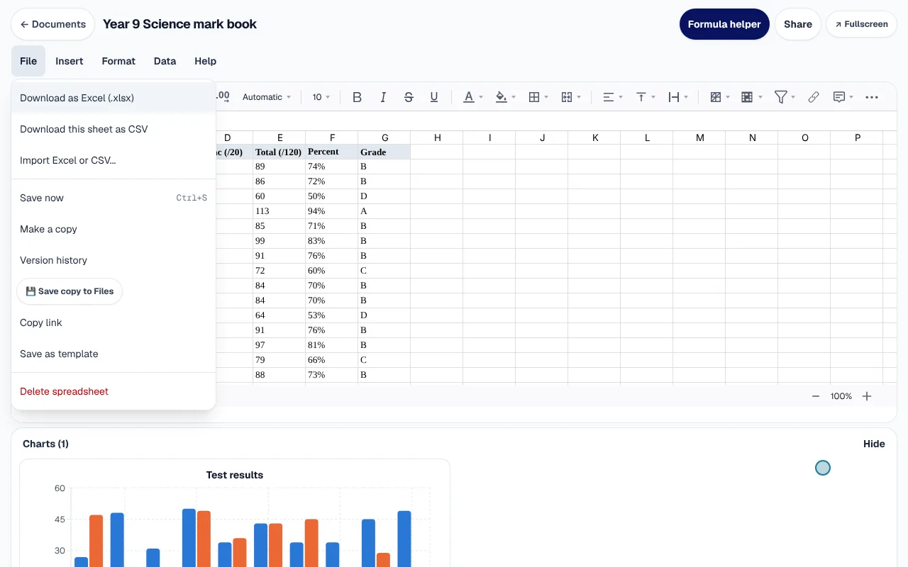 The File menu over a mark book: download as Excel or CSV, or import an Excel or CSV file.