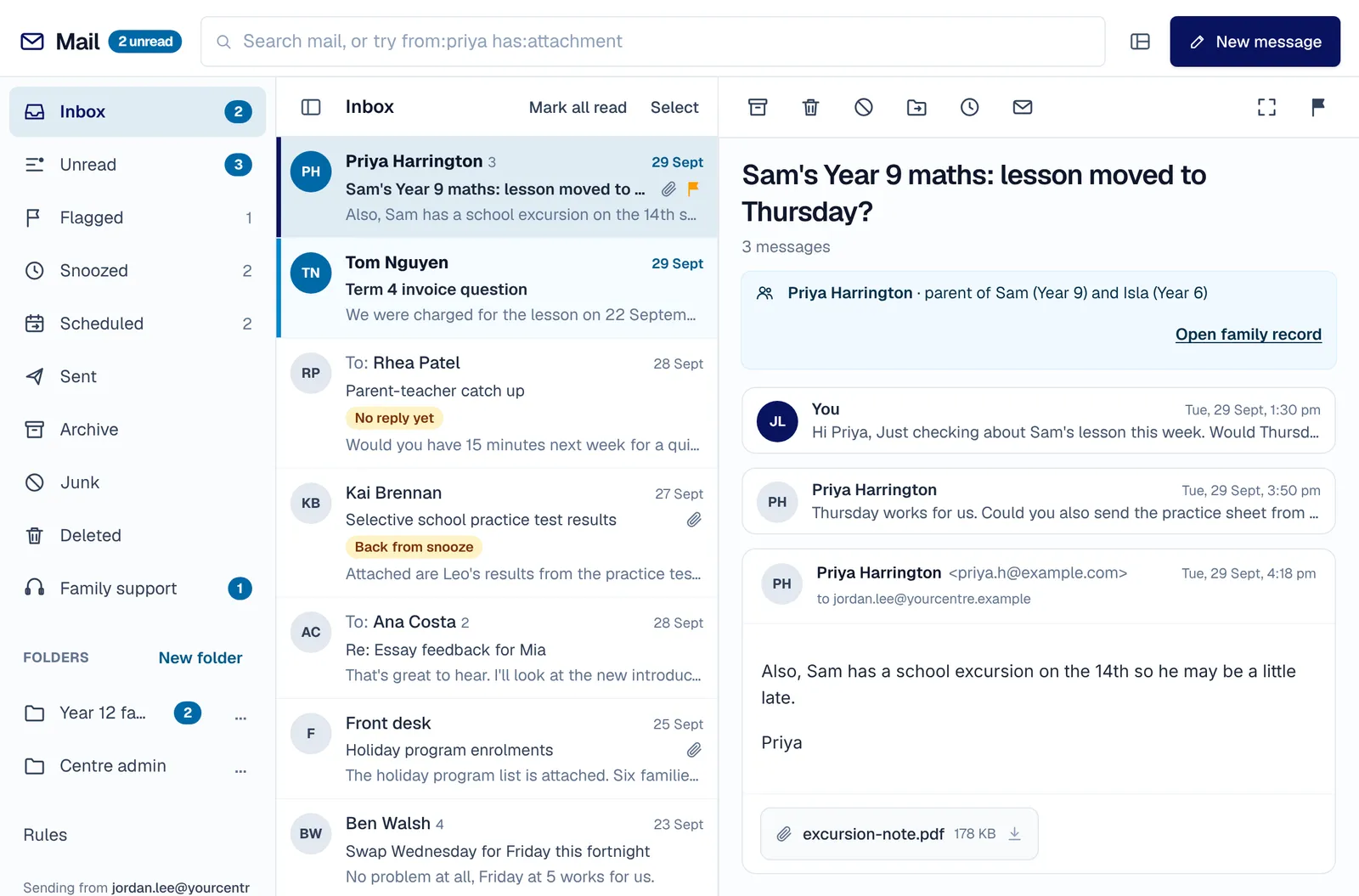 XInbox on an iPad: the inbox, and a parent's message open with the family it belongs to shown above it.