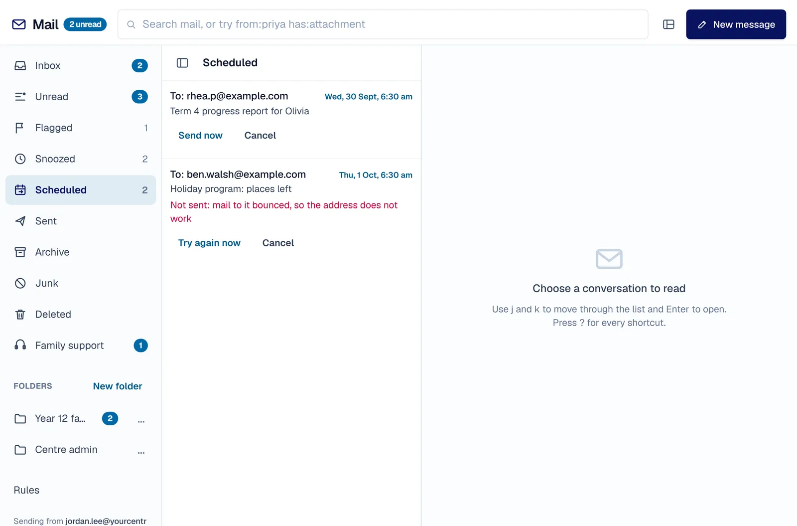 The Scheduled folder in XInbox: messages waiting to go out at the time they were set for.