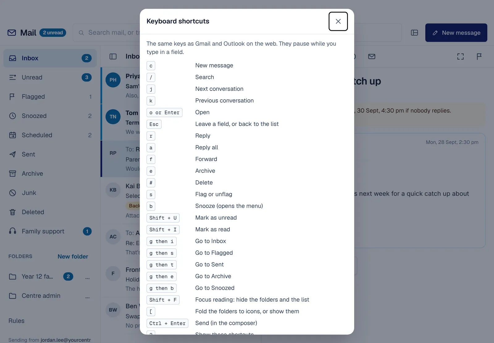 The keyboard shortcuts in XInbox: c for a new message, j and k to move, e to archive, and more.