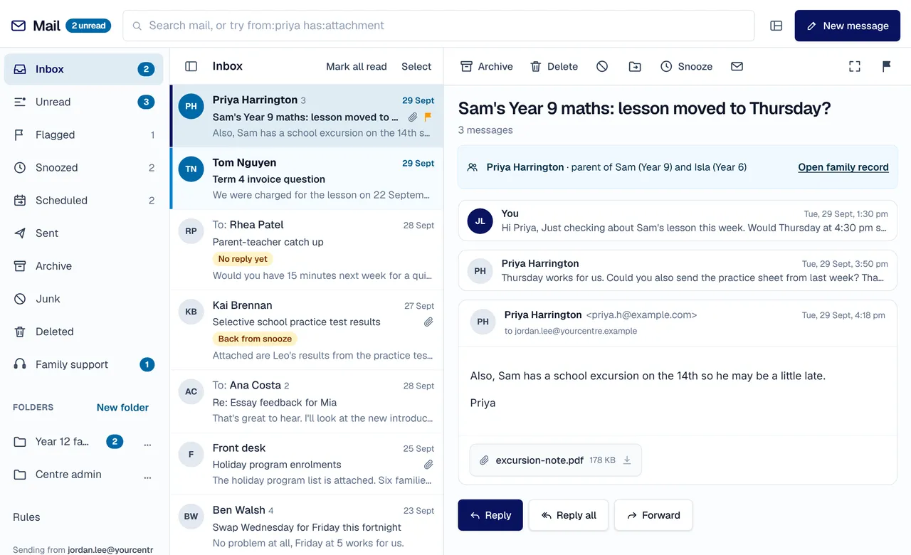 An inbox in XInbox with a parent's message open and the family it belongs to shown above it.