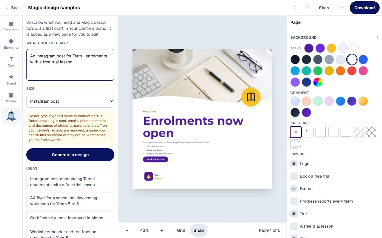 The Magic design panel with a request for a Term 1 enrolments post, beside a laid-out post in Your Centre's brand.