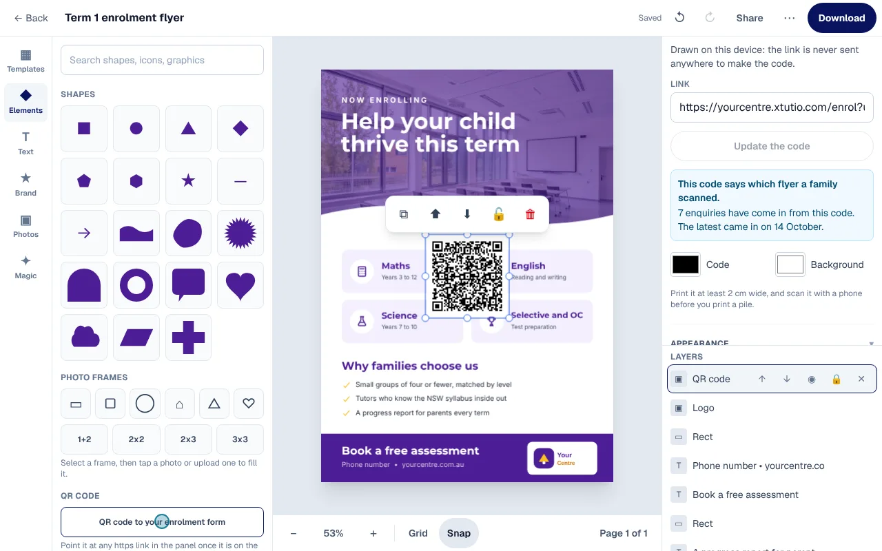 A QR code on an enrolment flyer, with its panel saying 7 enquiries have come in from this code.