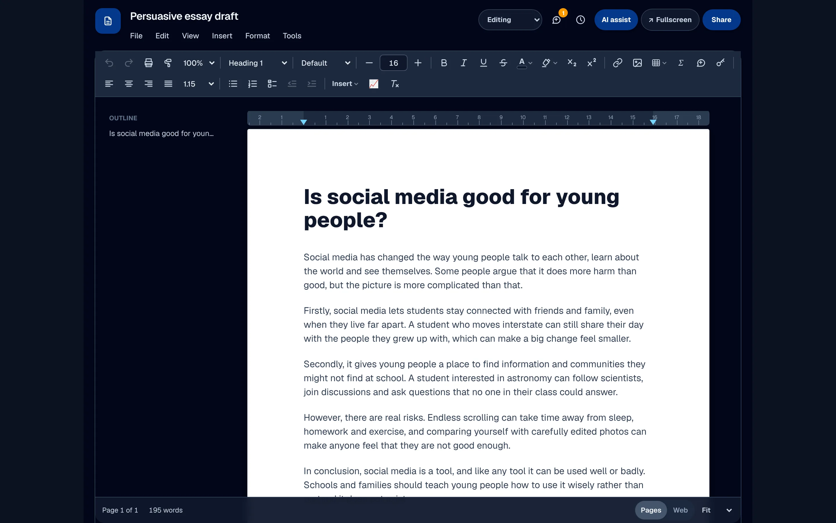 A student's persuasive essay open in XWrite, with the outline beside the page.