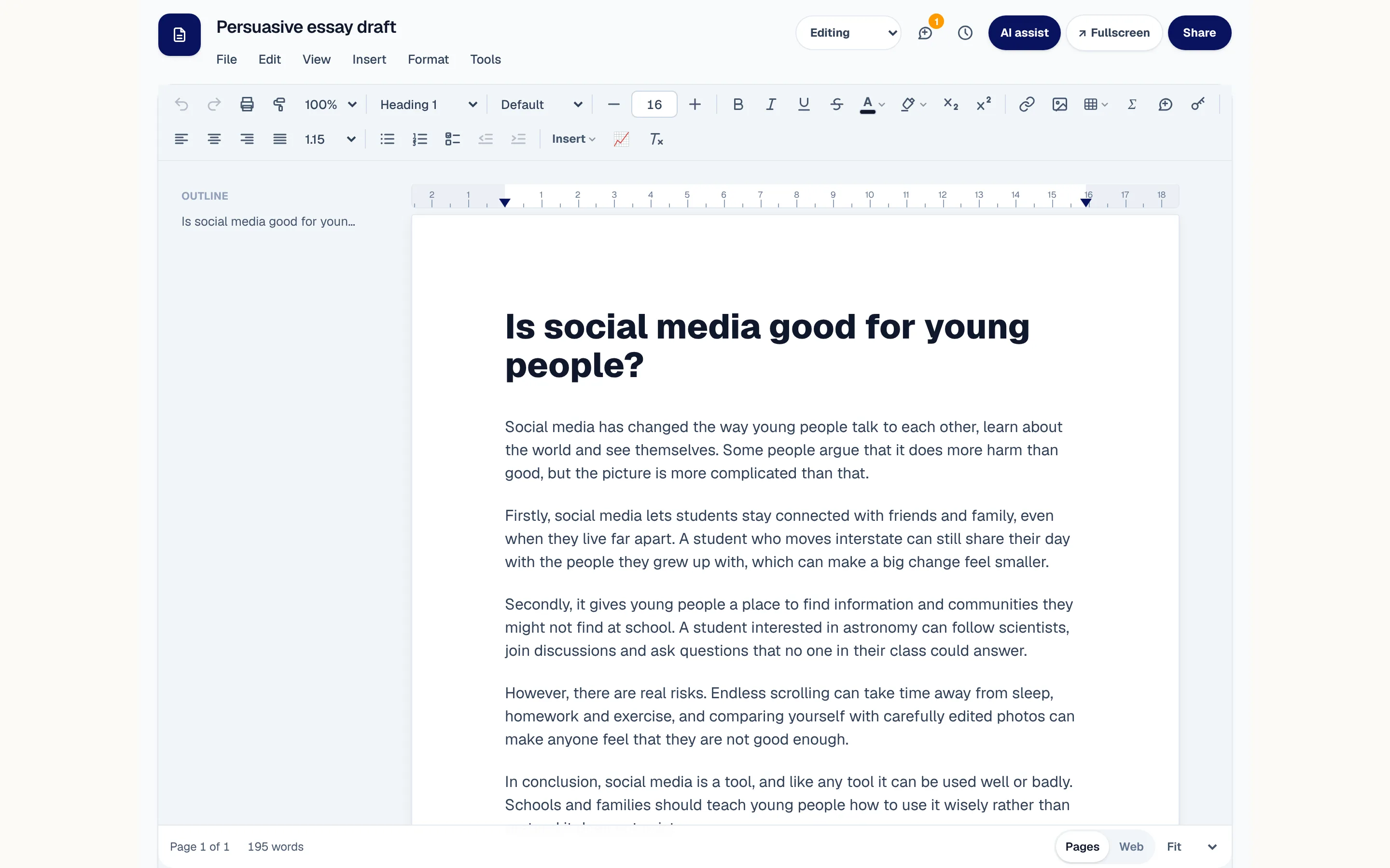 A student's persuasive essay open in XWrite, with the outline beside the page.