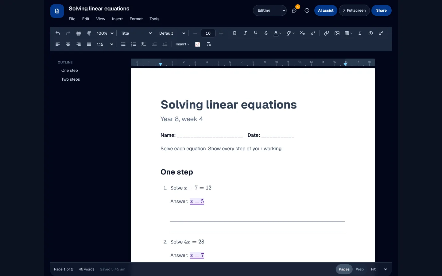 A Year 8 linear equations worksheet in XWrite, with the answers marked and lines to write on.
