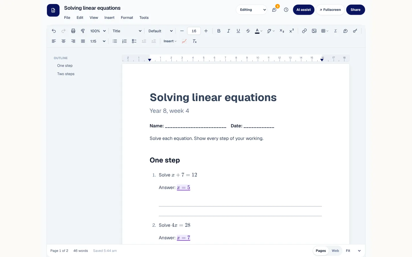A Year 8 linear equations worksheet open in XWrite, with an outline of its sections, typeset equations and the answers marked.