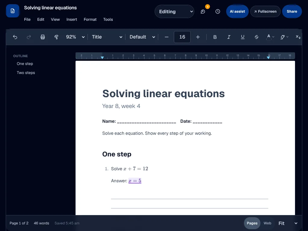 The same worksheet on an iPad.