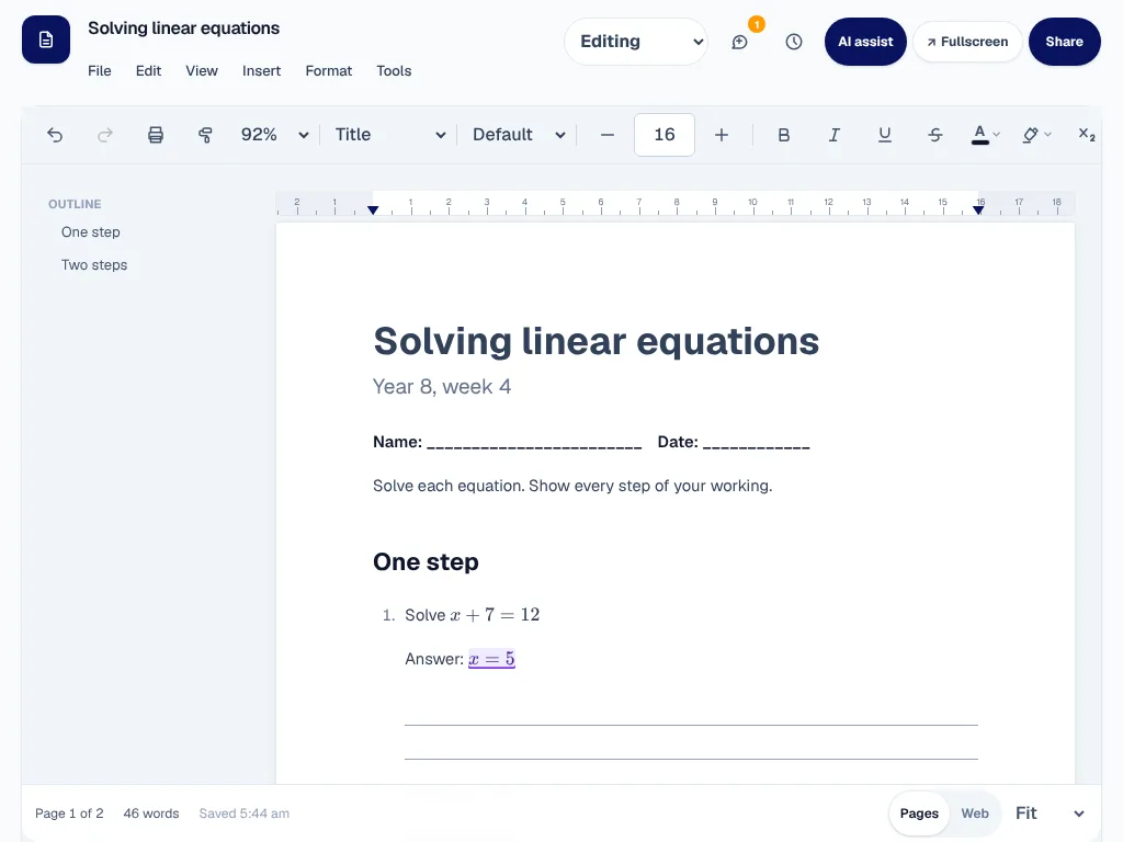 The same worksheet on an iPad.