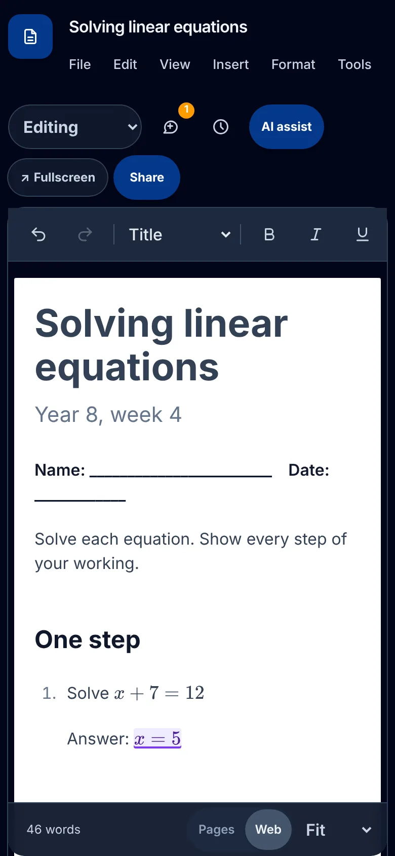 The same worksheet on a phone.