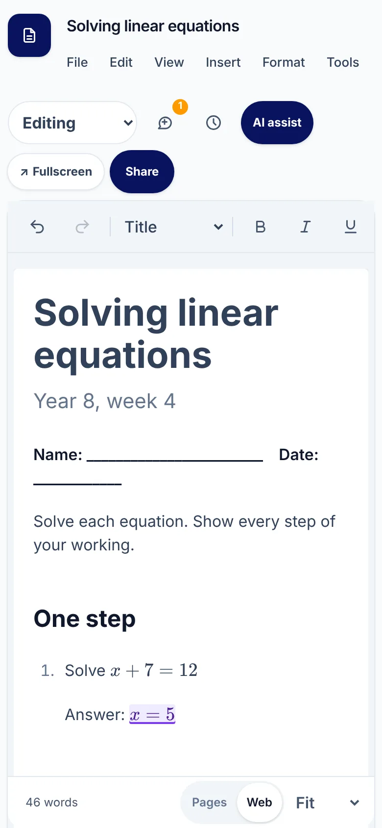 The same worksheet on a phone.