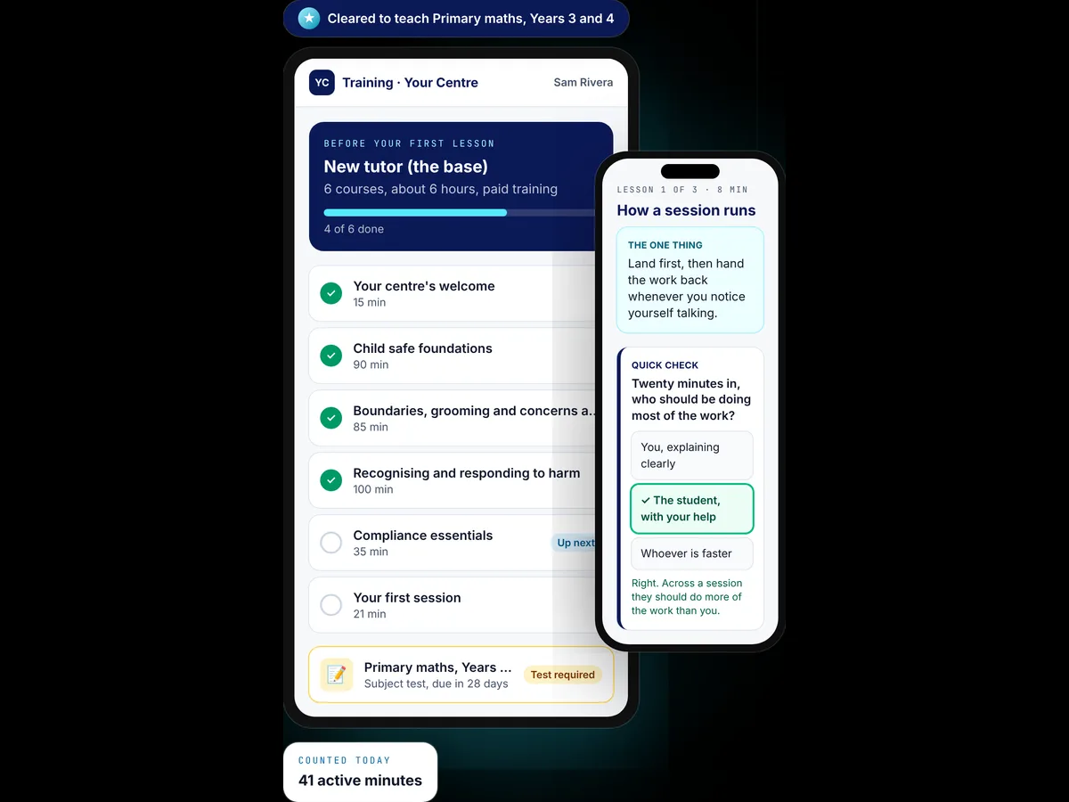 A new tutor's training on a tablet and phone: the base courses with progress, an interactive check in a lesson, and a subject test.