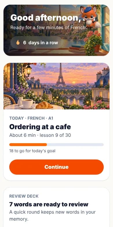 XLingo on a phone: today's lesson and the review deck.