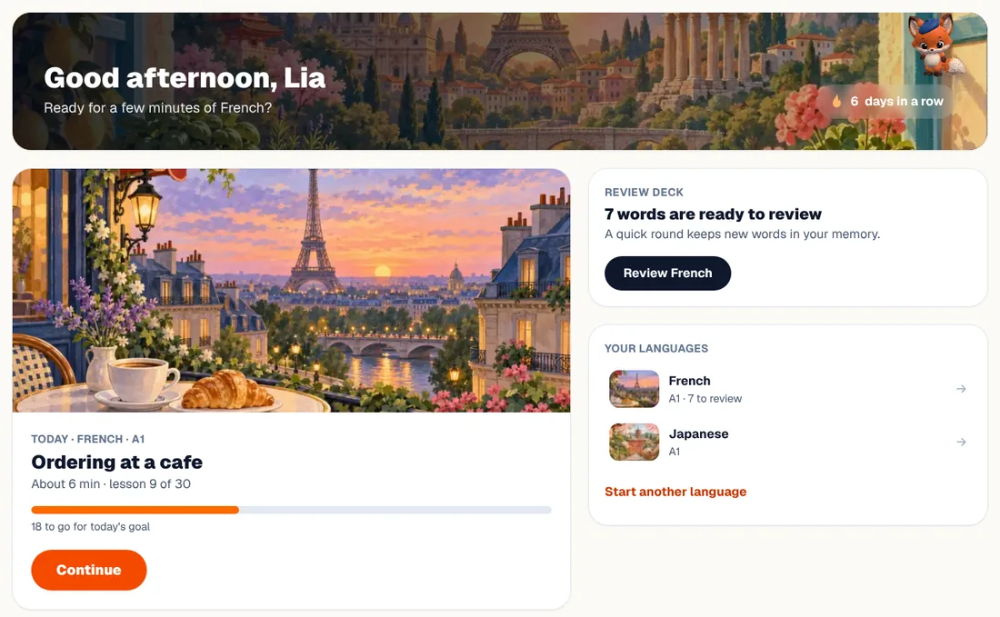 XLingo's child home: today's French lesson with a Continue button, the review deck, and the languages being learned.