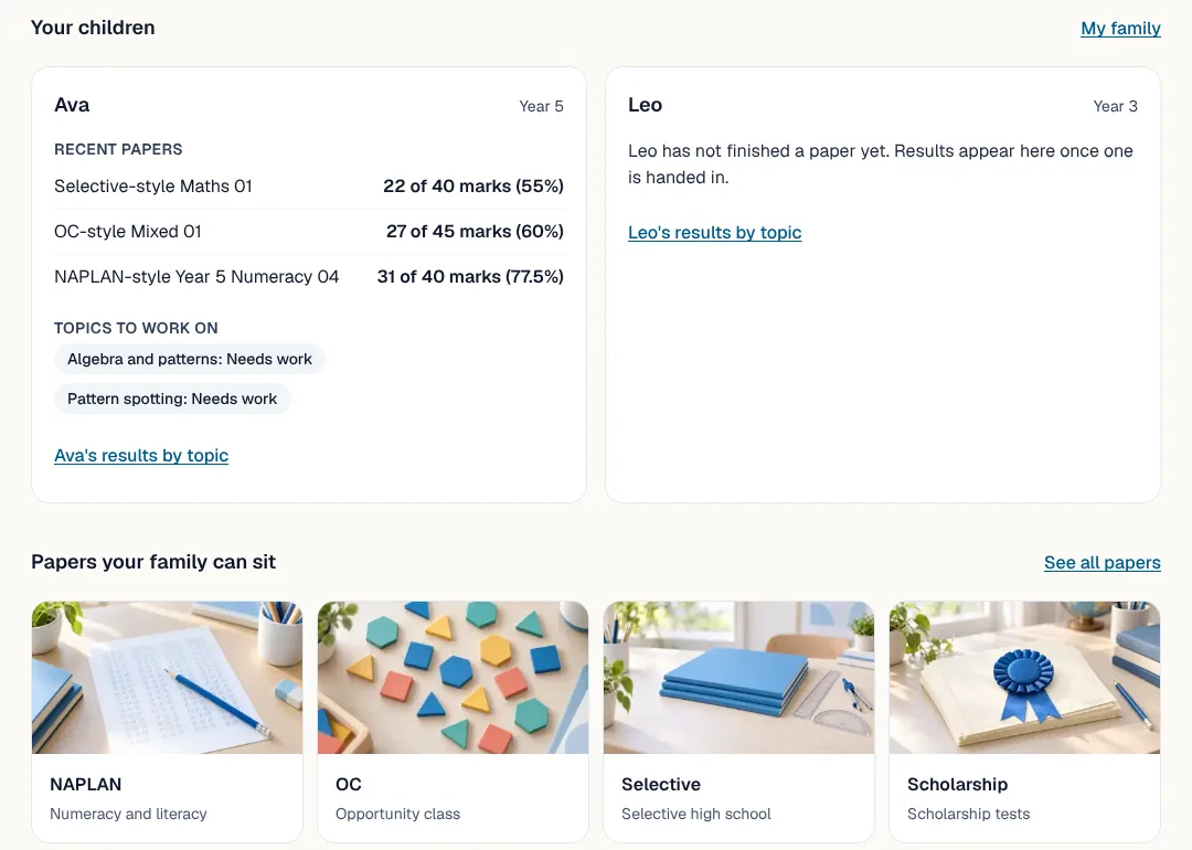 XReady's parent home: each child's recent practice papers with marks, the topics to work on, and the papers the family can sit.
