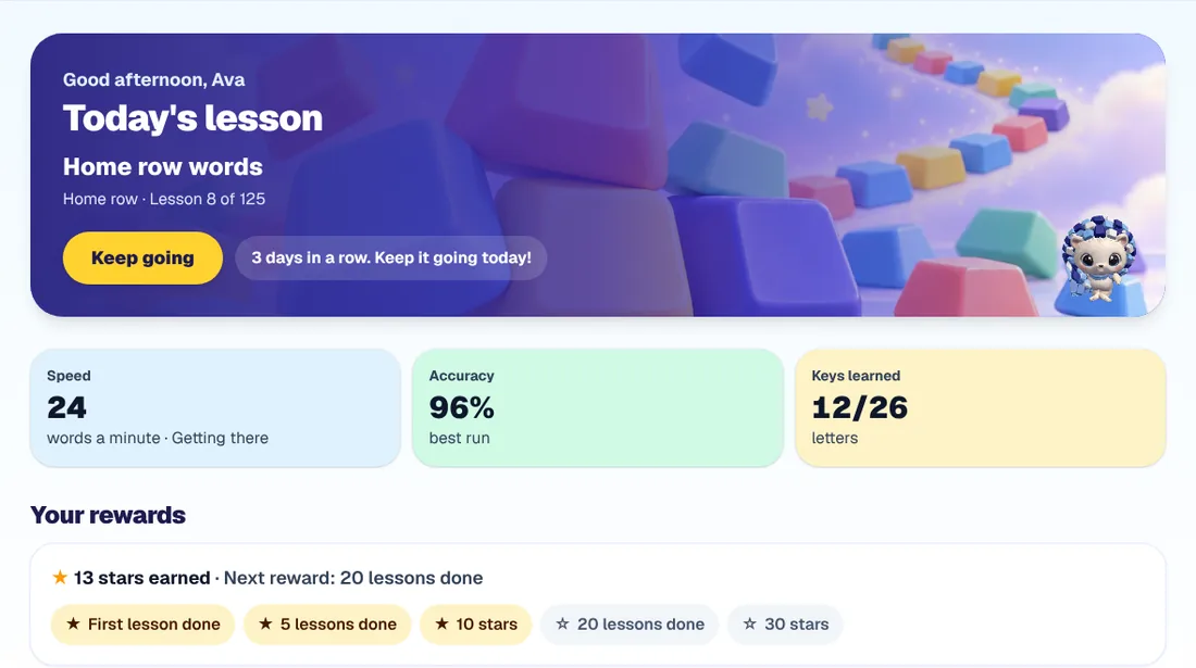XType's child home: today's lesson, speed, accuracy and keys learned, and the rewards earned so far.