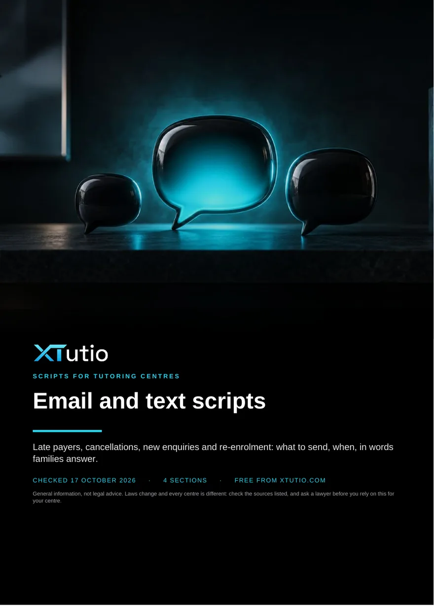 The first page of Email and text scripts for tutoring centres