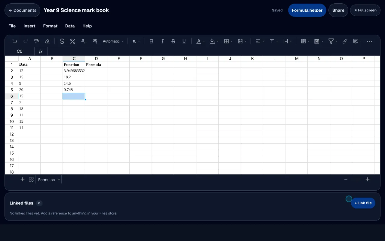 Typing STDEV.S, PERCENTILE, MEDIAN and NORM.DIST beside a column of data, each answering as it is entered.