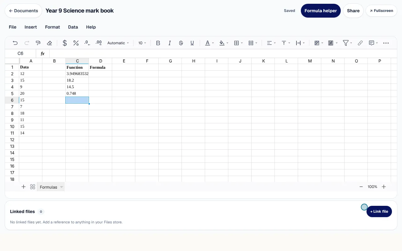 Typing STDEV.S, PERCENTILE, MEDIAN and NORM.DIST beside a column of data, each answering as it is entered.