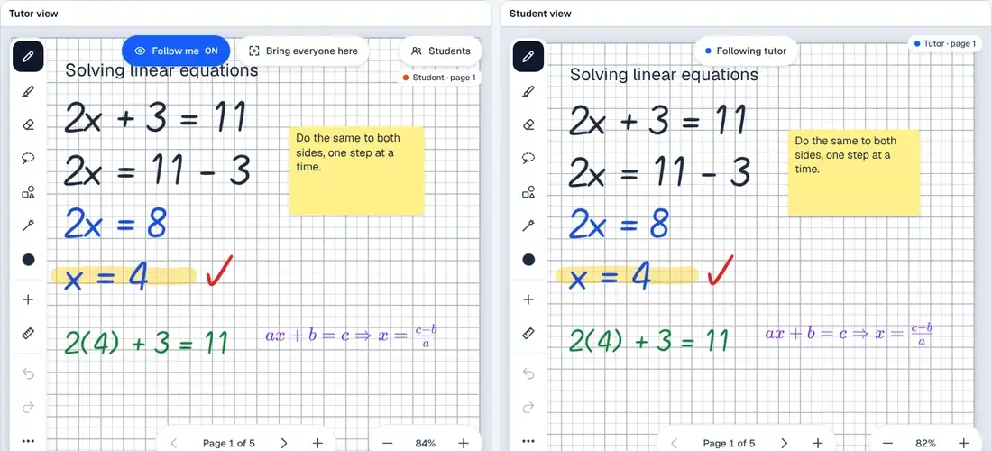 The tutor turns to the triangle page and zooms in, and the student's board follows on its own.