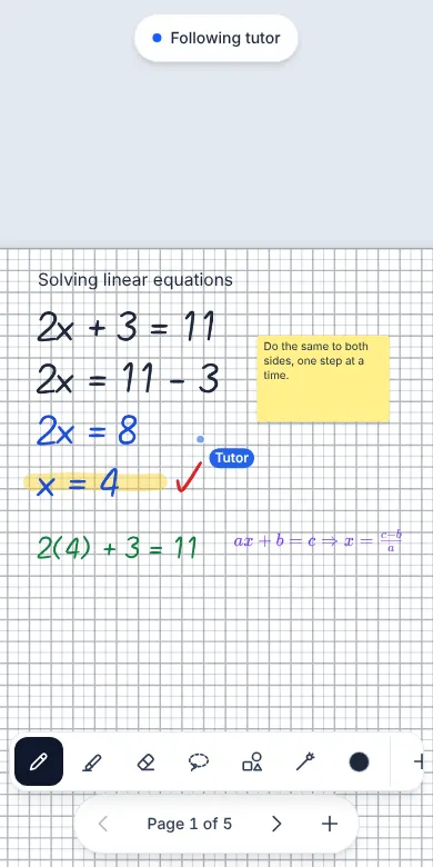 The same board on a phone, following the tutor, with the tools in one row along the bottom.