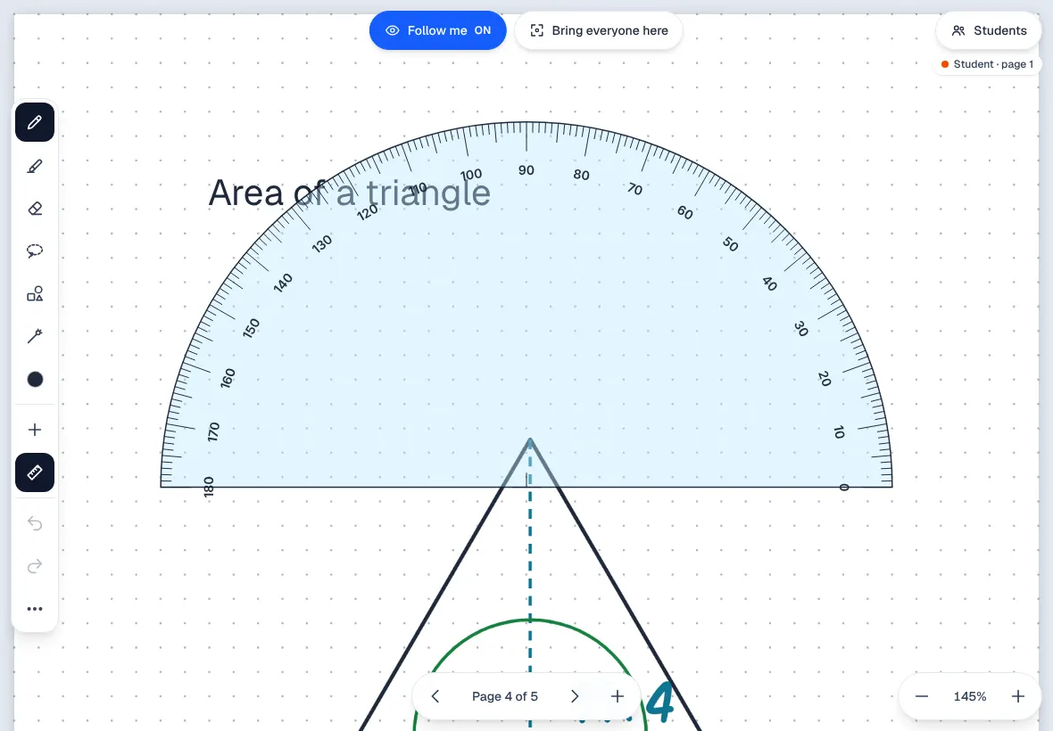 A protractor on a geometry page with a triangle, its dashed height and a typeset area formula.