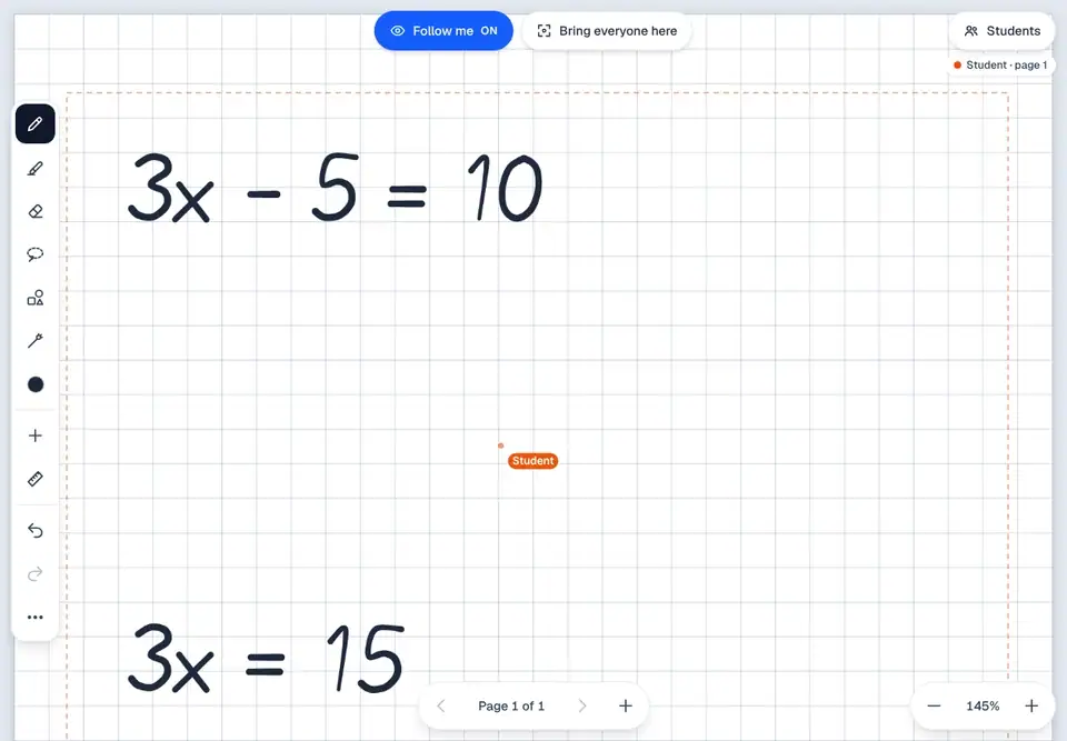 A line of working is circled with the lasso and moved up under the first line, then the answer x equals 5 is circled by hand and the circle turns neat.