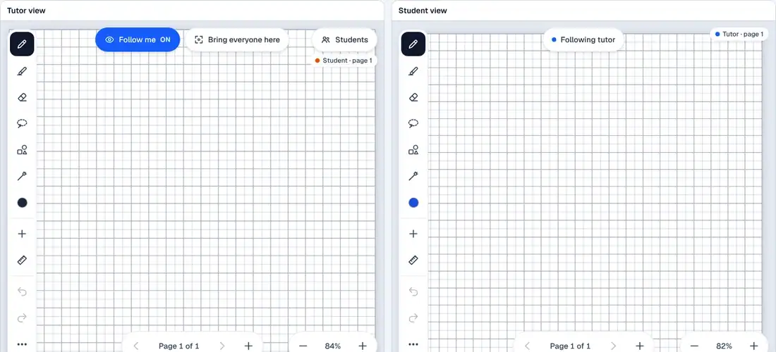 Two boards side by side: the tutor writes 2x plus 3 equals 11 and 2x equals 8, it appears on the student's board as it is written, and the student writes x equals 4 in blue.
