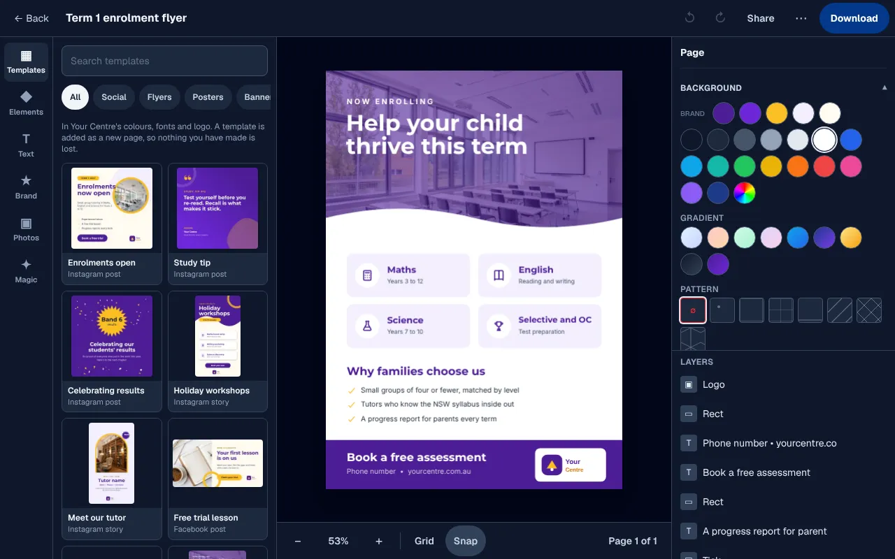 An enrolment flyer for a made-up centre called Your Centre, then two more templates added as pages, each already in its purple and gold.