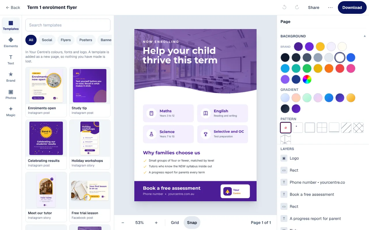 An enrolment flyer for a made-up centre called Your Centre, then two more templates added as pages, each already in its purple and gold.