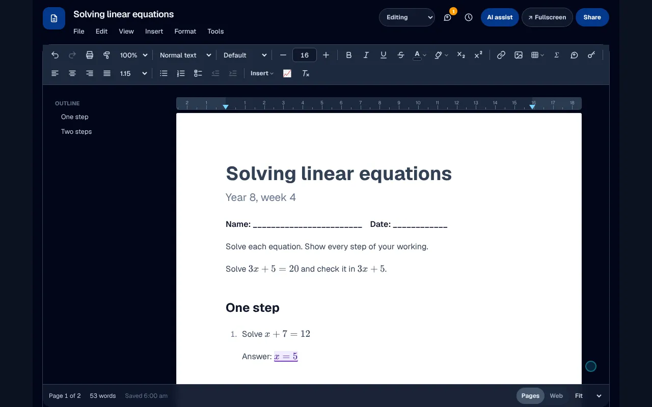 Typing Solve $3x + 5 = 20$ turns the part between the dollar signs into a typeset equation.