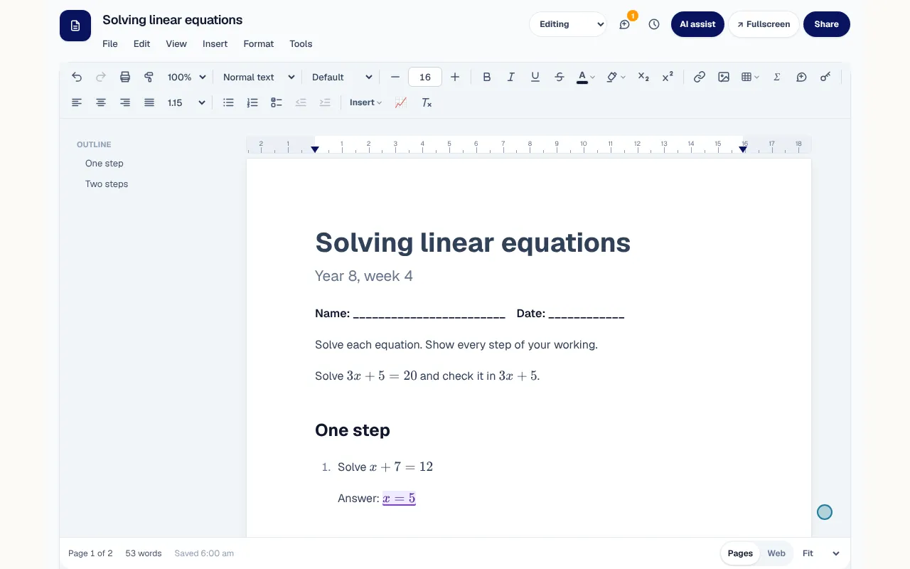 Typing Solve $3x + 5 = 20$ turns the part between the dollar signs into a typeset equation.