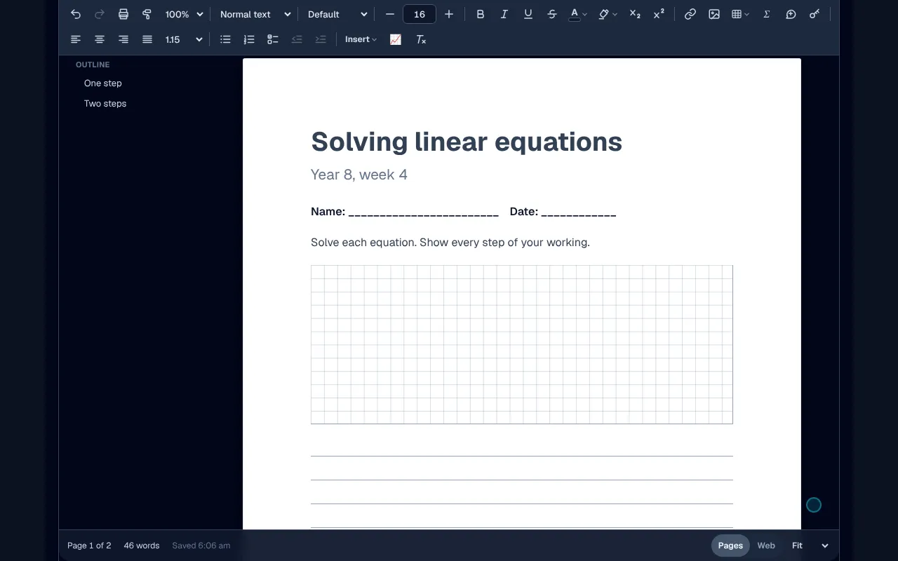 Typing a slash opens a menu; choosing grid and then lines adds a maths grid and ruled lines under the question.