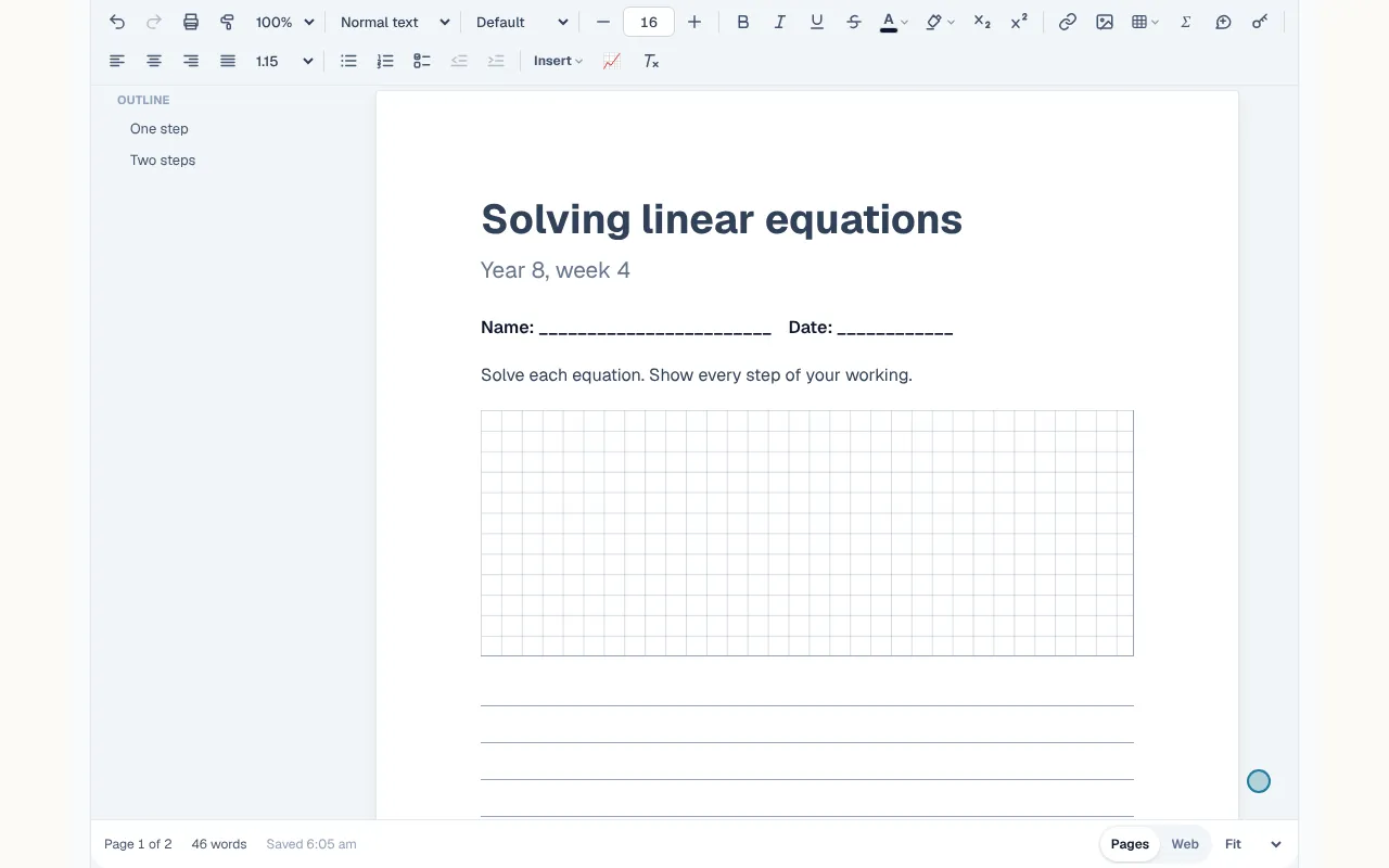 Typing a slash opens a menu; choosing grid and then lines adds a maths grid and ruled lines under the question.