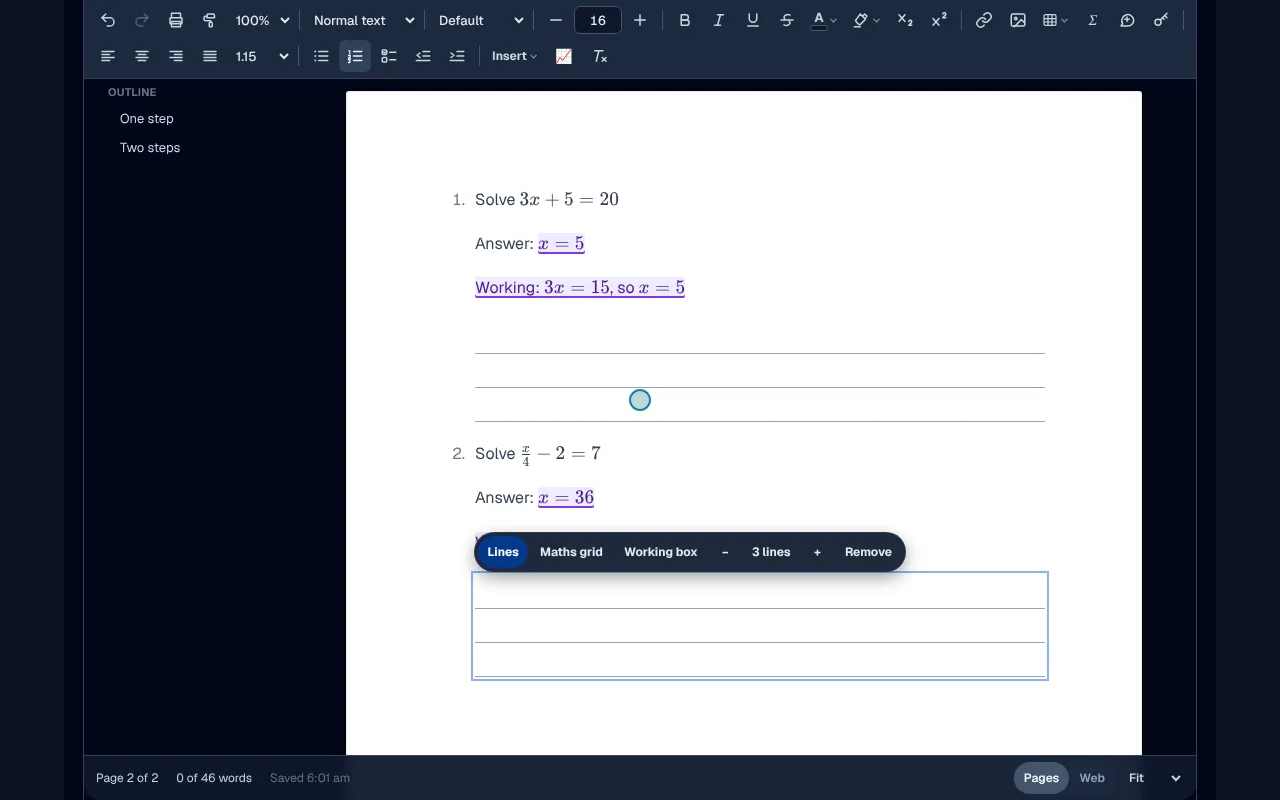 A tutor types Year 8 linear equations into the worksheet maker and a worksheet appears with its answers marked.