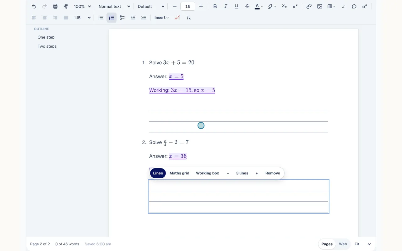 A tutor types Year 8 linear equations into the worksheet maker and a worksheet appears with its answers marked.